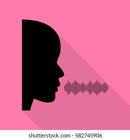 People speaking or singing sign. Black icon with flat style shadow path on pink background.