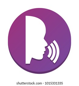 People speaking or singing sign. Vector. White icon with flat shadow on purpureus circle at white background. Isolated.