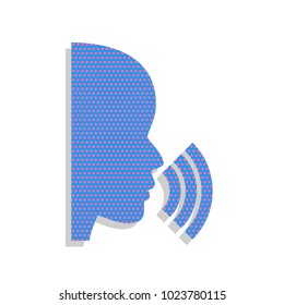 People speaking or singing sign. Vector. Neon blue icon with cyclamen polka dots pattern with light gray shadow on white background. Isolated.