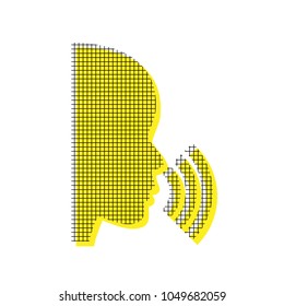 People speaking or singing sign. Vector. Yellow icon with square pattern duplicate at white background. Isolated.