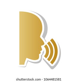 People speaking or singing sign. Vector. Golden gradient icon with white contour and rotated gray shadow at white background.