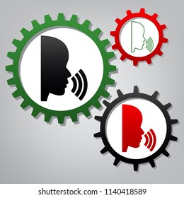 People speaking or singing sign. Vector. Three connected gears with icons at grayish background.