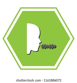 People speaking or singing sign. Vector. White icon with black shadow at yellow green honeycomb on white background.