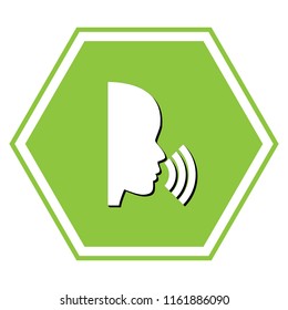 People speaking or singing sign. Vector. White icon with black shadow at yellow green honeycomb on white background.