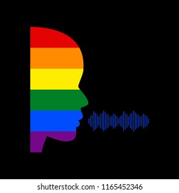 People speaking or singing sign. Vector. Icon with colors of LGBT flag at black background.