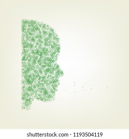 People speaking or singing sign. Vector. Green hexagon rastered icon and noised opacity and size at light green background with central light.