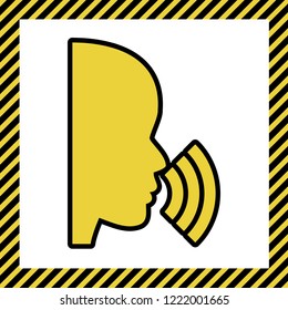 People speaking or singing sign. Vector. Warm yellow icon with black contour in frame named as under construction at white background. Isolated.