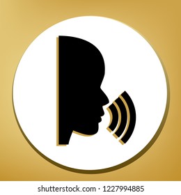 People speaking or singing sign. Vector. Black icon with light brown shadow in white circle with shaped ring at golden background.