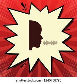 People speaking or singing sign. Vector. Dark red icon in lemon chiffon shutter bubble at red popart background with rays.