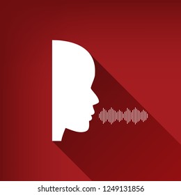 People speaking or singing sign. Vector. White icon with limitless shadow at ruby red background.