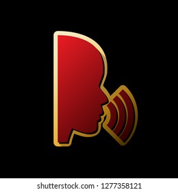 People speaking or singing sign. Vector. Red icon with small black and limitless shadows at golden sticker on black background.
