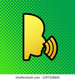 People speaking or singing sign. Vector. Pop art orange to yellow dots-gradient icon with black contour at greenish background.
