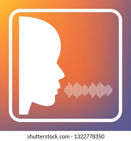 People speaking or singing sign. Vector. White icon on transparent button at orange-violet gradient background.