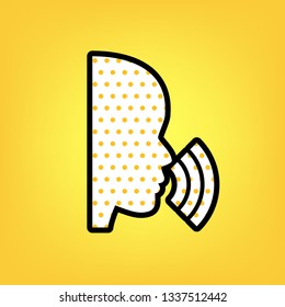 People speaking or singing sign. Vector. Yellow polka dot white icon with black contour at warm yellow background.