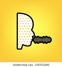 People speaking or singing sign. Vector. Yellow polka dot white icon with black contour at warm yellow background.