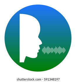 People speaking or singing sign. Vector. White icon in bluish circle on white background. Isolated.
