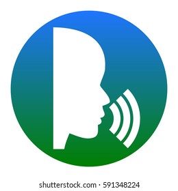 People speaking or singing sign. Vector. White icon in bluish circle on white background. Isolated.
