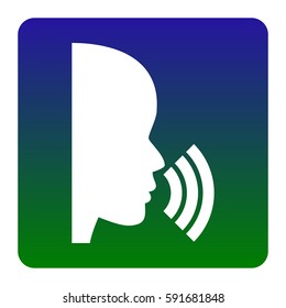 People speaking or singing sign. Vector. White icon at green-blue gradient square with rounded corners on white background. Isolated.