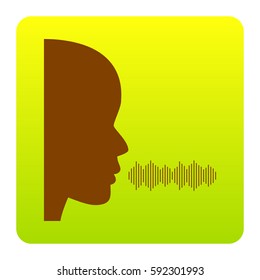 People speaking or singing sign. Vector. Brown icon at green-yellow gradient square with rounded corners on white background. Isolated.