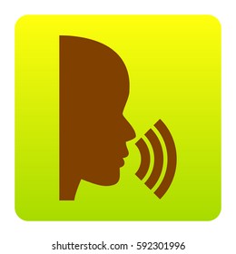 People speaking or singing sign. Vector. Brown icon at green-yellow gradient square with rounded corners on white background. Isolated.