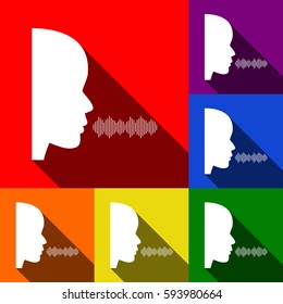 People speaking or singing sign. Vector. Set of icons with flat shadows at red, orange, yellow, green, blue and violet background.