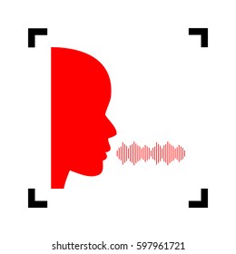 People speaking or singing sign. Vector. Red icon inside black focus corners on white background. Isolated.