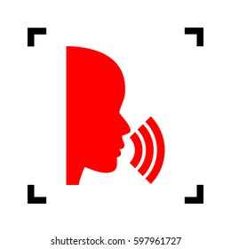 People speaking or singing sign. Vector. Red icon inside black focus corners on white background. Isolated.
