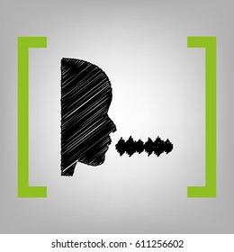 People speaking or singing sign. Vector. Black scribble icon in citron brackets on grayish background.