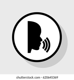 People speaking or singing sign. Vector. Flat black icon in white circle with shadow at gray background.