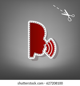 People speaking or singing sign. Vector. Red icon with for applique from paper with shadow on gray background with scissors.
