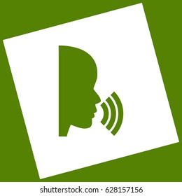 People speaking or singing sign. Vector. White icon obtained as a result of subtraction rotated square and path. Avocado background.