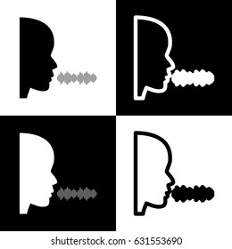 People speaking or singing sign. Vector. Black and white icons and line icon on chess board.