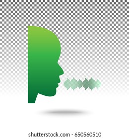 People speaking or singing sign. Vector. Green gradient icon with shadow at bottom on transparent and white background.