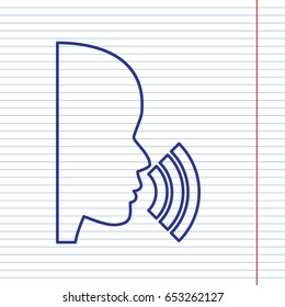 People speaking or singing sign. Vector. Navy line icon on notebook paper as background with red line for field.