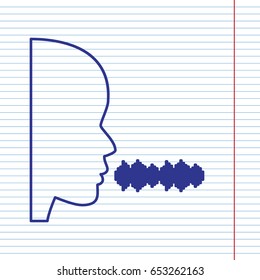 People speaking or singing sign. Vector. Navy line icon on notebook paper as background with red line for field.