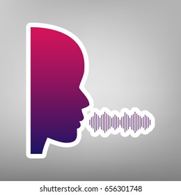 People speaking or singing sign. Vector. Purple gradient icon on white paper at gray background.