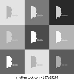 People speaking or singing sign. Vector. Grayscale version of Popart-style icon.