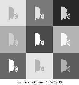 People speaking or singing sign. Vector. Grayscale version of Popart-style icon.
