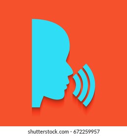 People speaking or singing sign. Vector. Blue icon with soft shadow putted down on flamingo background.