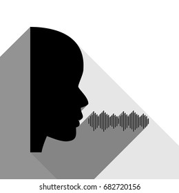 People speaking or singing sign. Vector. Black icon with two flat gray shadows on white background.