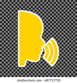People speaking or singing sign. Vector. Yellow icon with white contour on dark transparent background.