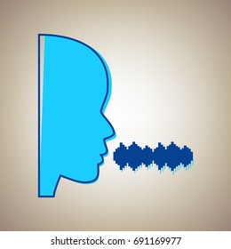 People speaking or singing sign. Vector. Sky blue icon with defected blue contour on beige background.