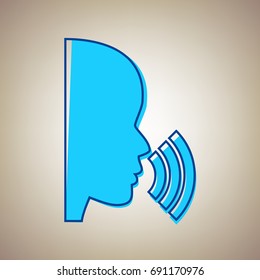 People speaking or singing sign. Vector. Sky blue icon with defected blue contour on beige background.