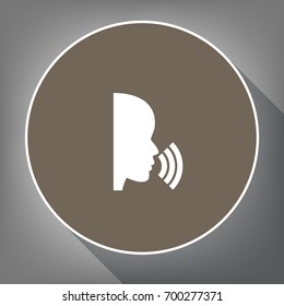 People speaking or singing sign. Vector. White icon on brown circle with white contour and long shadow at gray background. Like top view on postament.