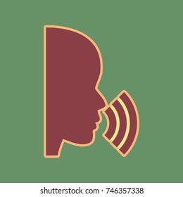 People speaking or singing sign. Vector. Cordovan icon and mellow apricot halo with light khaki filled space at russian green background.