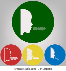 People speaking or singing sign. Vector. 4 white styles of icon at 4 colored circles on light gray background.