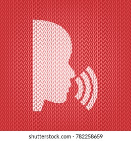 People speaking or singing sign. Vector. Knitted white icon on a red knitted background.