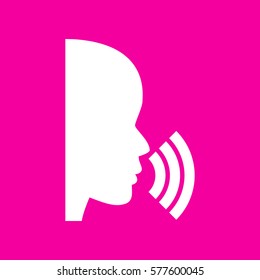 People speaking or singing sign. White icon at magenta background.