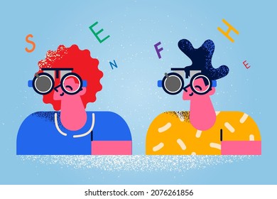 People in special optic glasses check sight at optician cabinet. Man and woman have examination in oculist or ophthalmologist office. Eyesight problem. Laser correction concept. Vector illustration. 