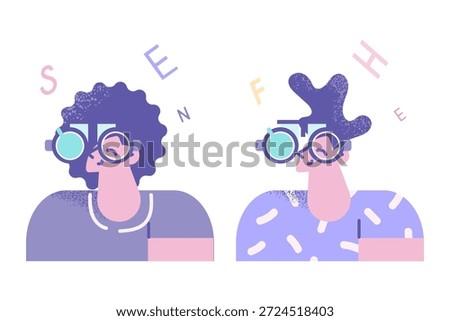 People in special optic glasses check sight at optician cabinet. Man and woman have examination in oculist or ophthalmologist office. Eyesight problem. Laser correction concept. Vector illustration.